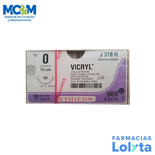 [3911] SUTURA VICRYL 0 26 MM 70 CM SH AHUSADA REDONDA POLIGLACTINA 910 C/12 J318H ETHICON GASTROINTESTINAL