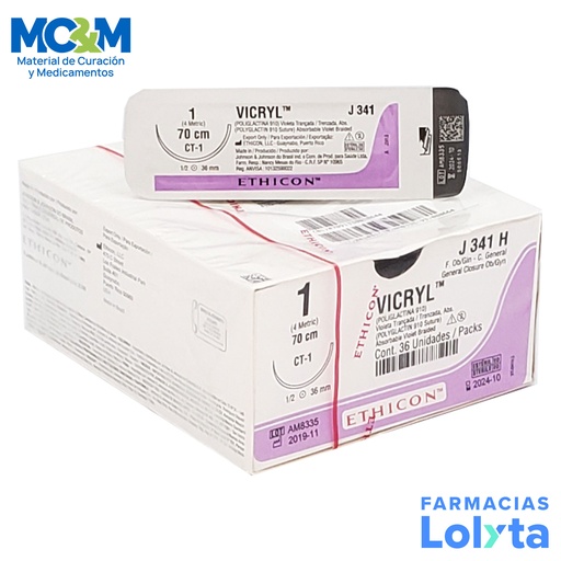 [3913] SUTURA VICRYL 1 36 MM 70 CM CT-1 AHUSADA REDONDA POLIGLACTINA 910 C/12 J341H ETHICON GINECOLOGIA/OBSTETRICIA