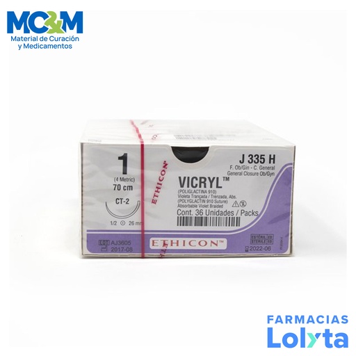 [3914] SUTURA VICRYL 1 26 MM 70 CM CT-2 AHUSADA REDONDA POLIGLACTINA 910 C/12 J335H ETHICON GENERAL