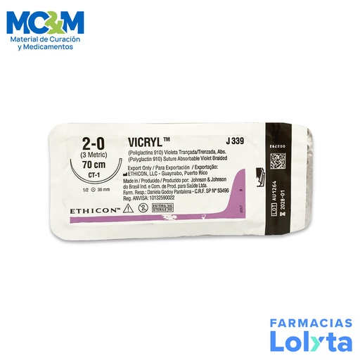 [3916] SUTURA VICRYL 2/0 36 MM 70 CM CT-1 AHUSADA REDONDA POLIGLACTINA 910 C/12 J339H ETHICON