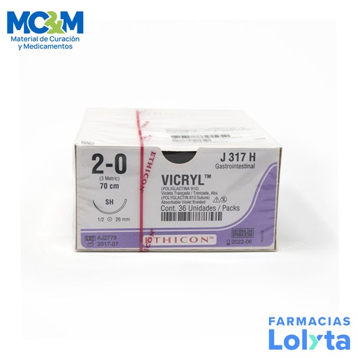 [3918] SUTURA VICRYL 2/0 26 MM 70 CM SH AHUSADA REDONDA POLIGLACTINA 910 C/12 J317H ETHICON GASTROINTESTINAL