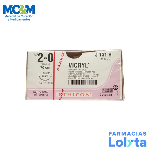 [3920] SUTURA VICRYL 2/0 22 MM 70 CM X-20 REVERSO CORTANTE POLIGLACTINA 910 C/12 J161H ETHICON CUTICULAR