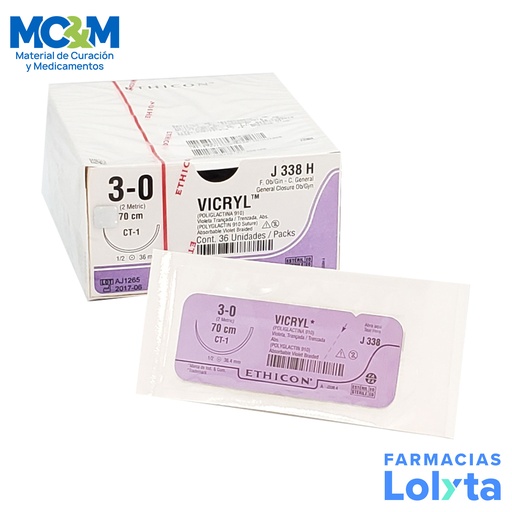 [3921] SUTURA VICRYL 3/0 36 MM 70 CM CT-1 AHUSADA REDONDA POLIGLACTINA 910 C/12 J338H ETHICON GENERAL
