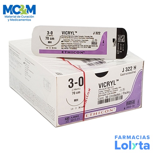 [3922] SUTURA VICRYL 3/0 36 MM 70 CM MH AHUSADA REDONDA POLIGLACTINA 910 C/12 J322H ETHICON GASTROINTESTINAL