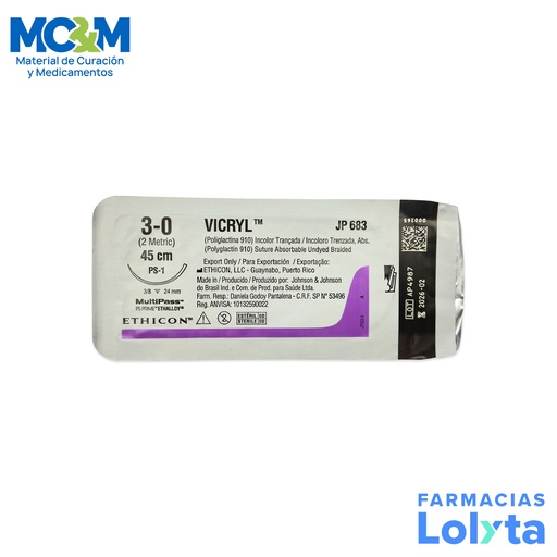 [3923] SUTURA VICRYL 3/0 24 MM 45 CM PS-1 REVERSO CORTANTE PRIME POLIGLACTINA 910 C/12 JP683G ETHICON PLASTICA