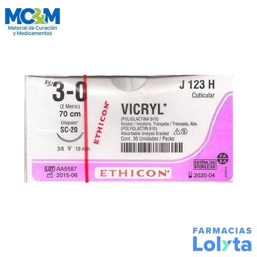 [3924] SUTURA VICRYL 3/0 19 MM 70 CM SC-20 REVERSO CORTANTE POLIGLACTINA 910 C/12 J123H ETHICON CUTICULAR