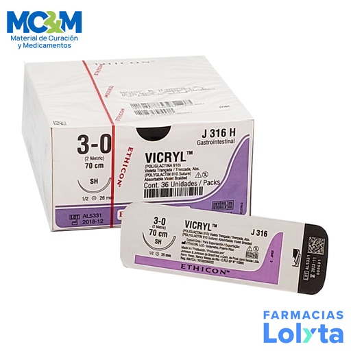 [3925] SUTURA VICRYL 3/0 26 MM 70 CM SH AHUSADA REDONDA POLIGLACTINA 910 C/12 J316H ETHICON GASTROINTESTINAL
