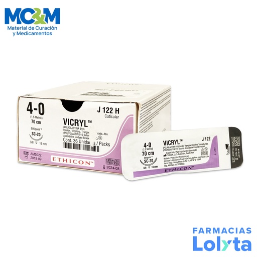 [3929] SUTURA VICRYL 4/0 19 MM 70 CM SC-20 REVERSO CORTANTE POLIGLACTINA 910 C/12 J122H ETHICON CUTICULAR