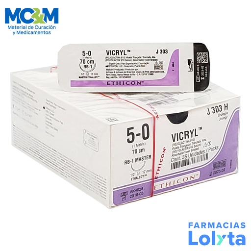 [3931] SUTURA VICRYL 5/0 17 MM 70 CM RB-1 MASTER AHUSADA REDONDA POLIGLACTINA 910 C/12 J303H ETHICON UROLOGIA