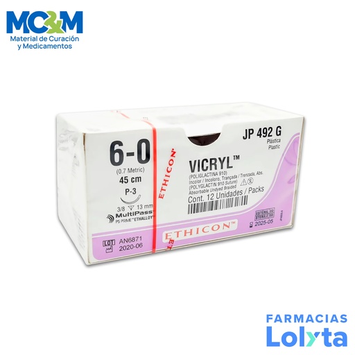 [840] SUTURA VICRYL 6/0 13 MM 45 CM P-3 REVERSO CORTANTE PRIME POLIGLACTINA 910 C/12 JP492G ETHICON PLASTICA