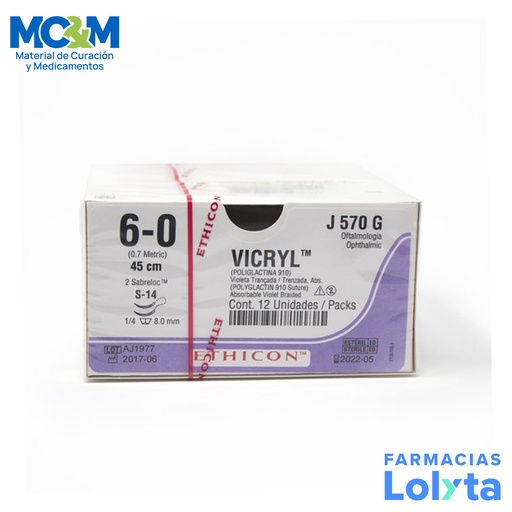 [3933] SUTURA VICRYL 6/0 8 MM 45 CM S-14 ESPATULA SABRELOC DOBLE ARMADA POLIGLACTINA 910 C/12 J570G ETHICON OFTALMOLOGIA