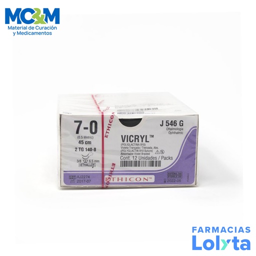 [3934] SUTURA VICRYL 7/0 6.5 MM 45 CM 2TG140-8 CORTANTE LATERAL EN ESPATULA DOBLE ARMADA POLIGLACTINA 910 C/12 J546G ETHICON OFTALMOLOGIA