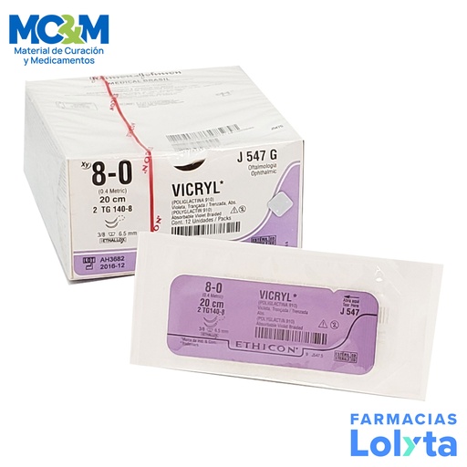 [3935] SUTURA VICRYL 8/0 6.5 MM 20 CM 2TG140-8 CORTANTE LATERAL EN ESPATULA DOBLE ARMADA POLIGLACTINA 910 C/12 J547G ETHICON OFTALMOLOGIA