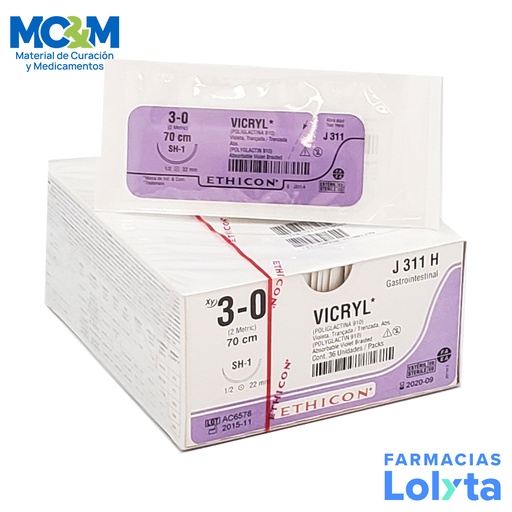 [3940] SUTURA VICRYL 3/0 22 MM 70 CM SH-1 AHUSADA REDONDA POLIGLACTINA 910 C/12 J311H ETHICON GASTROINTESTINAL