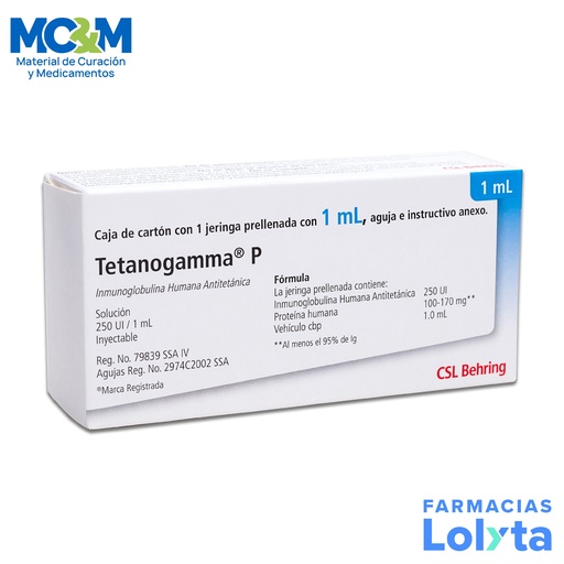 [998] TETANOGAMMA P 250 UI/ML C/1 JERINGA PRELLENADA INMUNOGLOBULINA HUMANA ANTITETANICA VACUNA LAB CSL BEHRING (RF)