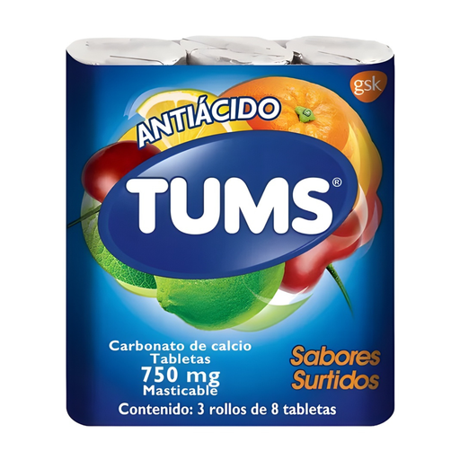 [1042] TUMS ANTIACIDO 750 MG C/24 TAB MASTICABLES SABORES SURTIDOS CARBONATO DE CALCIO LAB HALEON