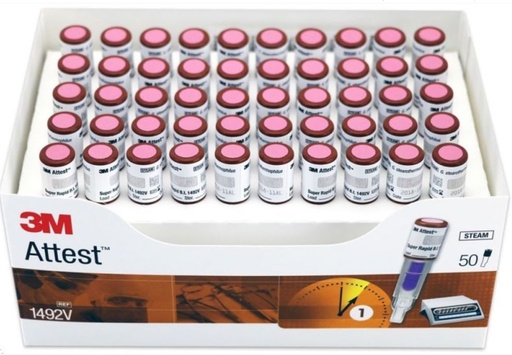 [1160] ATTEST INDICADOR BIOLOGICO DE LECTURA SUPER RAPIDA P/VAPOR C/50 PIEZAS REF 1492V 3M