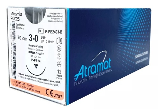 [1375] SUTURA POLIGLICOLIDA-CO-EPSILON-CAPROLACTONA 3/0 24 MM 70 CM 3/8 REVERSO CORTANTE SUPRASHARP C/12 P-PE2403-B ATRAMAT PGC25 (MONOCRYL J&J)