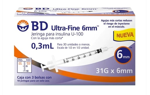 [1452] JERINGA 0.3ML 31GX6MM C/30 PIEZA P/INSULINA ULTRA FINE PLASTIPACK BD