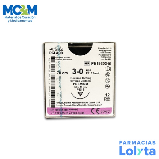 [1609] SUTURA POLIGLACTINA 910 3/0 19 MM 70 CM 3/8 REVERSO CORTANTE PREMIUM C/12 PE19303-B ATRAMAT