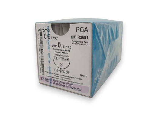 [2871] SUTURA ACIDO POLIGLICOLICO 0 26 MM 70 CM 1/2 AHUSADA REGULAR REDONDA C/12 R2691 ATRAMAT PGA