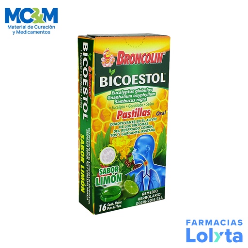 [2956] BICOESTOL SABOR LIMON 0.0178/0.0145/0.0105 ML C/16 PASTILLAS EUCALIPTO GORDOLOBO SAUCO LAB BRONCOLIN