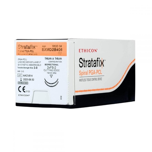 [3162] SUTURA STRATAFIX SPIRAL PGA-PCL 3/0 19 MM 14 X 14 CM 2XFS-2 REVERSO CORTANTE DOBLE ARMADA C/12 SXMD2B406 ETHICON CIERRE DE HERIDAS