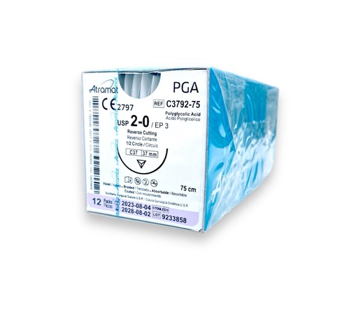 [3163] SUTURA ACIDO POLIGLICOLICO 2/0 37 MM 75 CM 1/2 REVERSO CORTANTE C/12 C3792-75 ATRAMAT PGA
