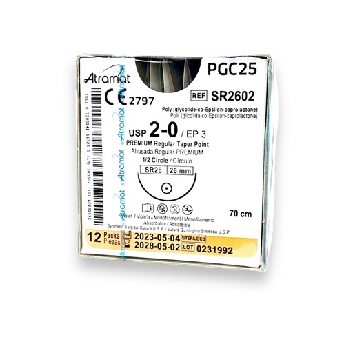 [3325] SUTURA POLIGLICOLIDA-CO-EPSILON-CAPROLACTONA 2/0 26 MM 70 CM 1/2 AHUSADA REGULAR PREMIUM REDONDA C/12 SR2602 ATRAMAT PGC25 (MONOCRYL J&J)