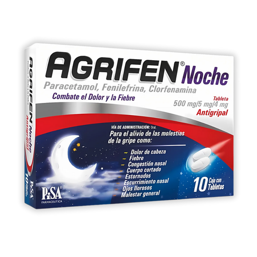 [2411] PARACETAMOL FENILEFRINA CLORFENAMINA 500/5/4 MG C/10 TAB AGRIFEN NOCHE LAB PISA