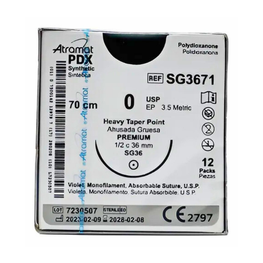 [4212] SUTURA POLIDIOXANONA 0 36 MM 70 CM 1/2 AHUSADA GRUESA PREMIUM REDONDA C/12 SG3671 ATRAMAT PDX