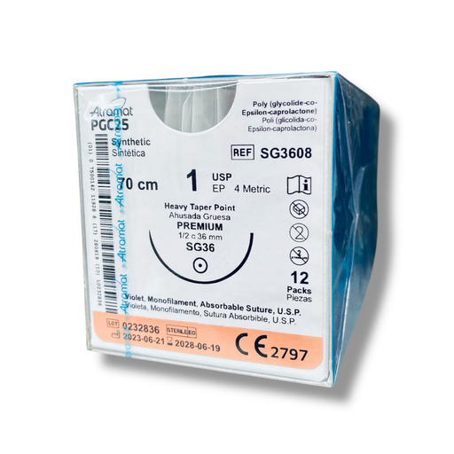 [4213] SUTURA POLIGLICOLIDA-CO-EPSILON-CAPROLACTONA 1 36 MM 70 CM 1/2 AHUSADA GRUESA PREMIUM REDONDA C/12 SG3608 ATRAMAT PGC25 (MONOCRYL J&J)