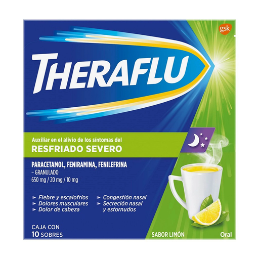 [4257] THERAFLU RESFRIADO SEVERO 650/20/10 MG C/10 SOBRES GRANULADO SABOR LIMON PARACETAMOL FENIRAMINA FENILEFRINA LAB HALEON